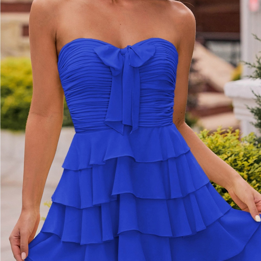 Blue A-line ruched chiffon dress